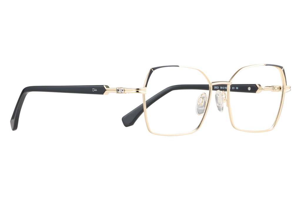Gold rectangular eyeglasses with black temples and clear lenses, showcasing a luxury frame design