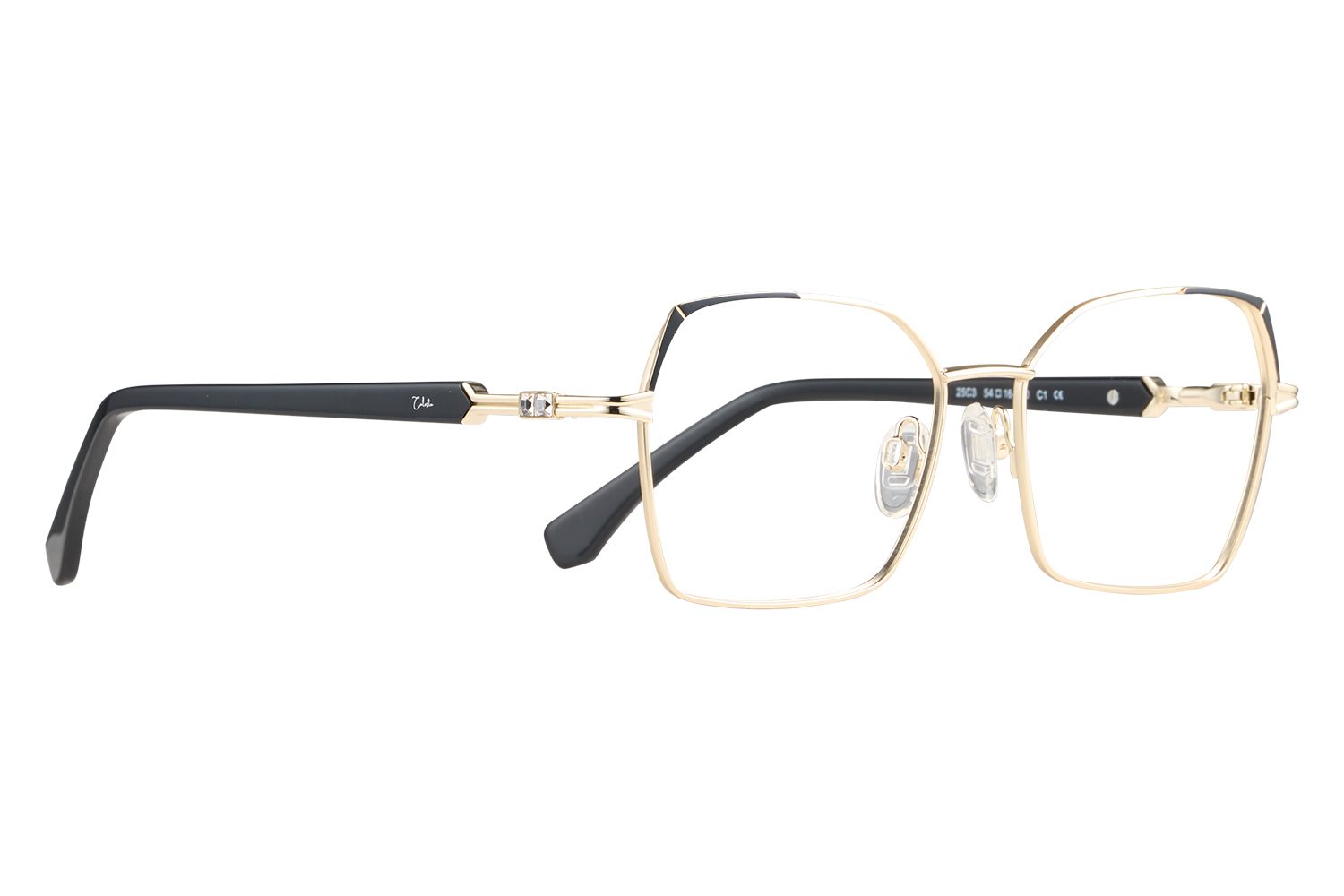 Gold rectangular eyeglasses with black temples and clear lenses, showcasing a luxury frame design
