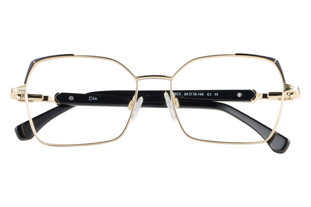 Gold-rimmed eyeglasses with black temples, front view showing nose pads and bridge.