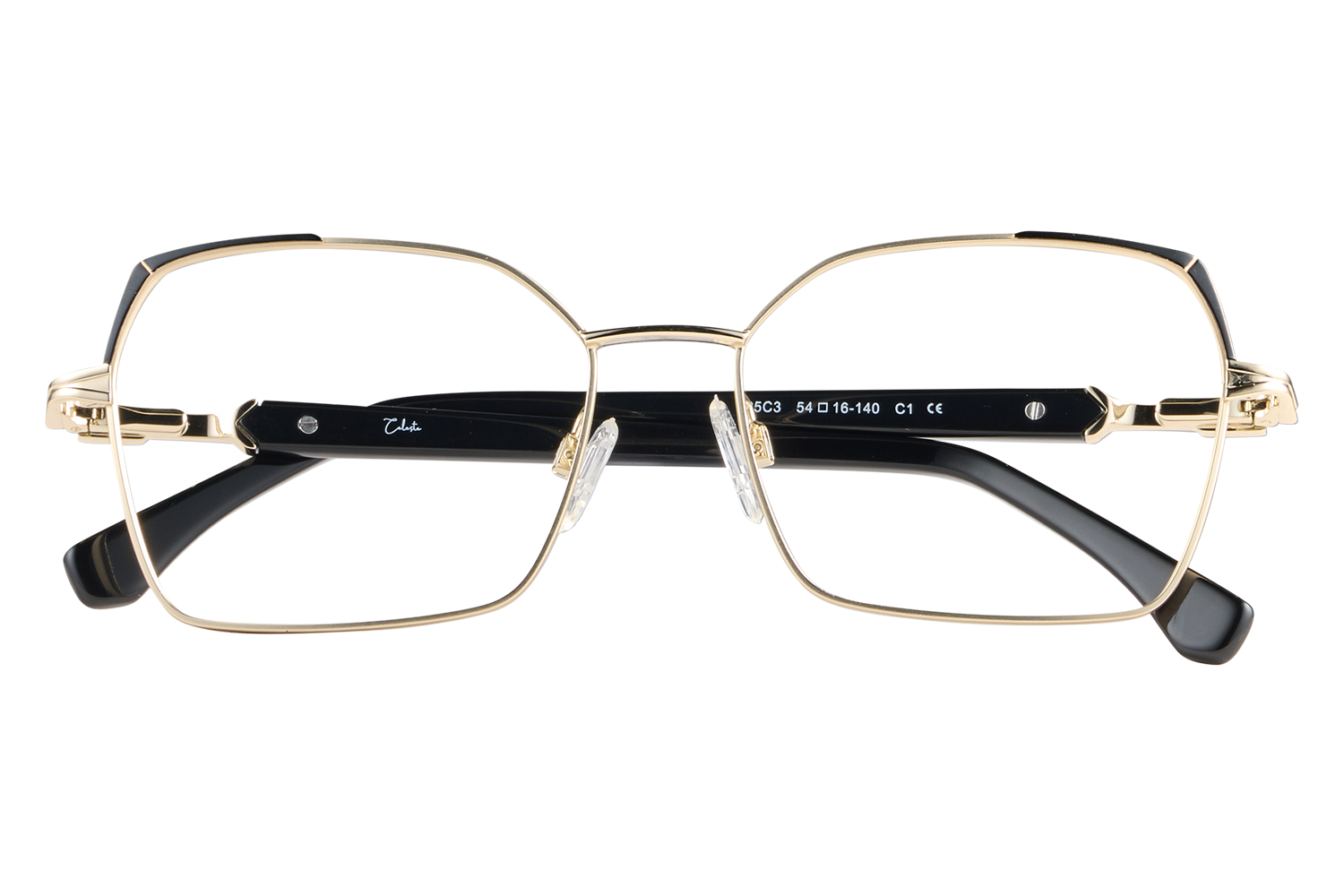 Gold-rimmed eyeglasses with black temples, front view showing nose pads and bridge.