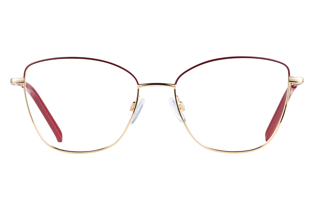 Gold-rimmed aviator-style eyeglasses with red temple tips and clear nose pads on a gray background, front view