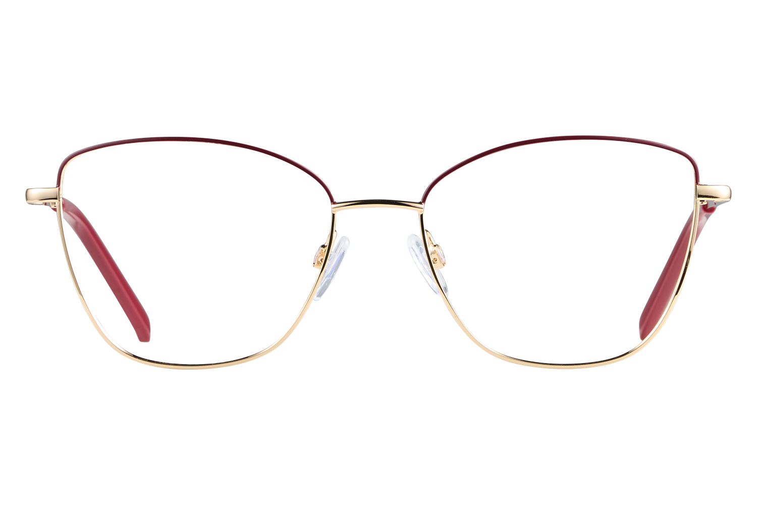 Gold-rimmed aviator-style eyeglasses with red temple tips and clear nose pads on a gray background, front view