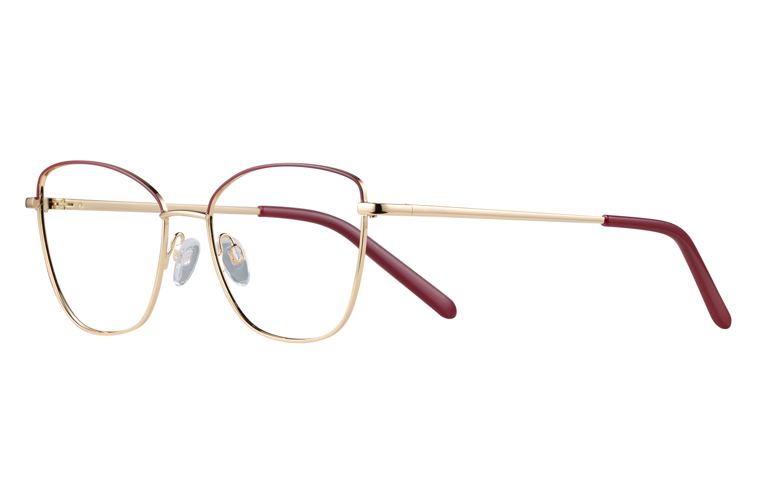Gold metal eyeglasses with red temple tips, close-up side view on gray background.