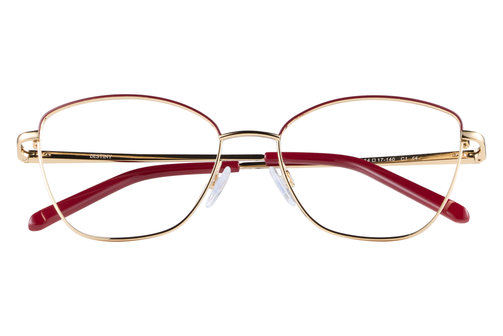 Gold-framed eyeglasses with red temples resting on a clear stand, facing forward. Includes the word DESTINY on the arm.