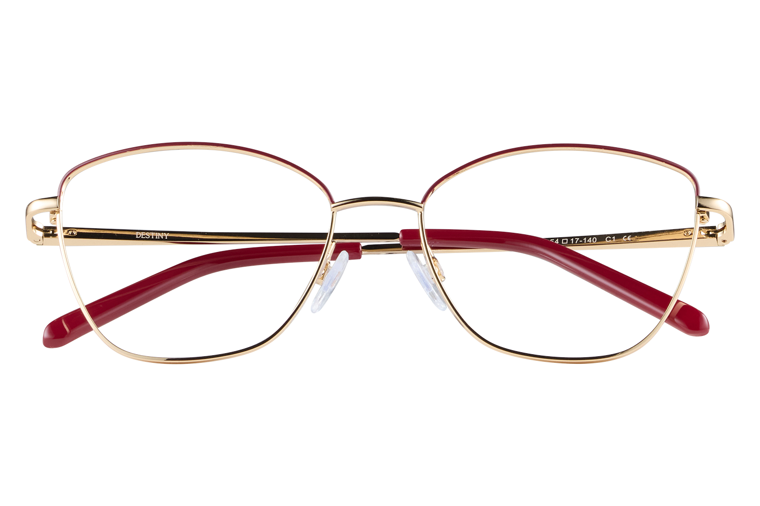 Gold-framed eyeglasses with red temples resting on a clear stand, facing forward. Includes the word DESTINY on the arm.