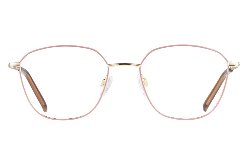 Pink round metal-framed eyeglasses with a gold bridge and clear nose pads on a gray backdrop.