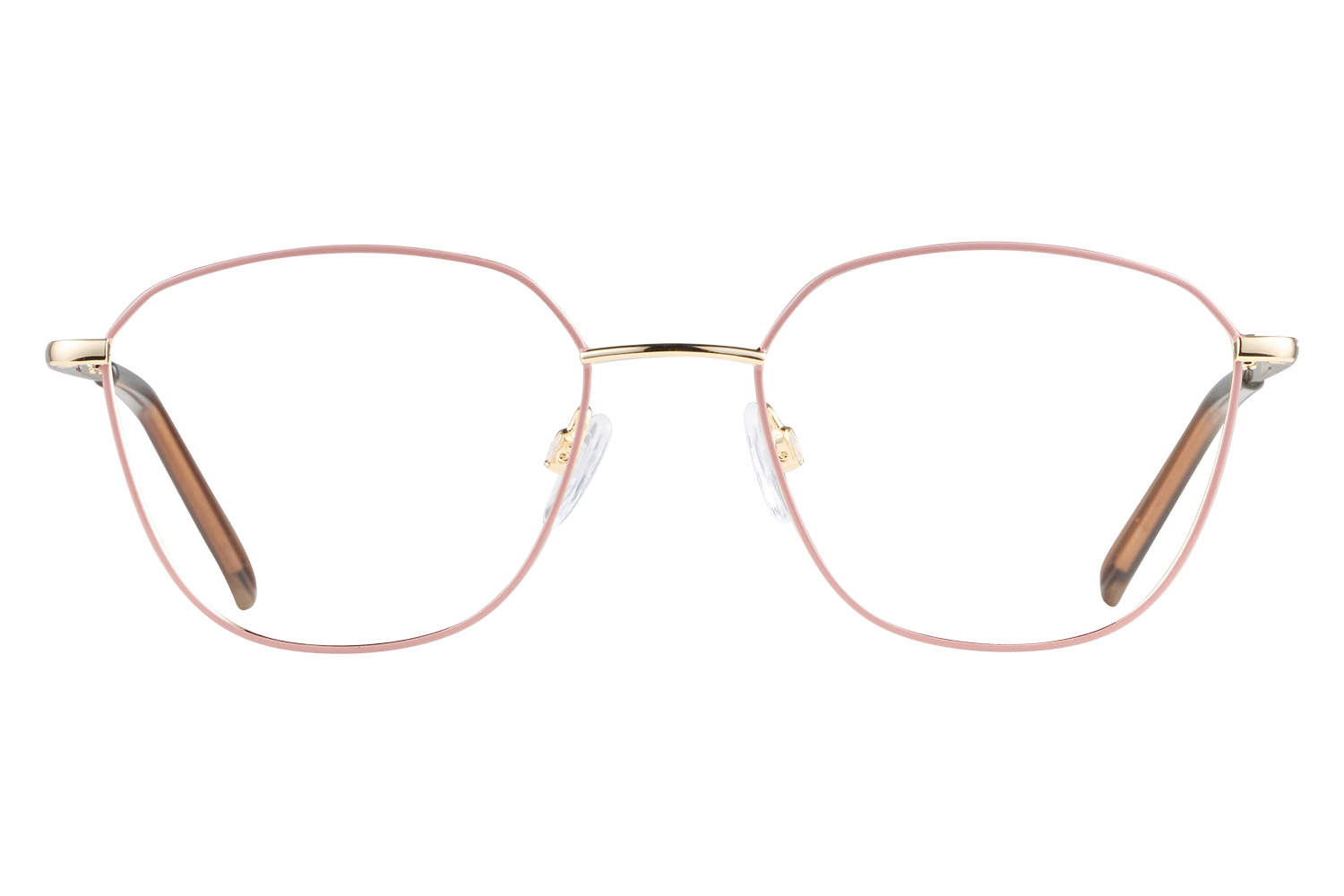 Pink round metal-framed eyeglasses with a gold bridge and clear nose pads on a gray backdrop.