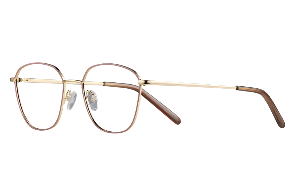Round metal eyeglasses with a pinkish-gold frame, clear nose pads, and brown temple tips on a gray background mid-shot