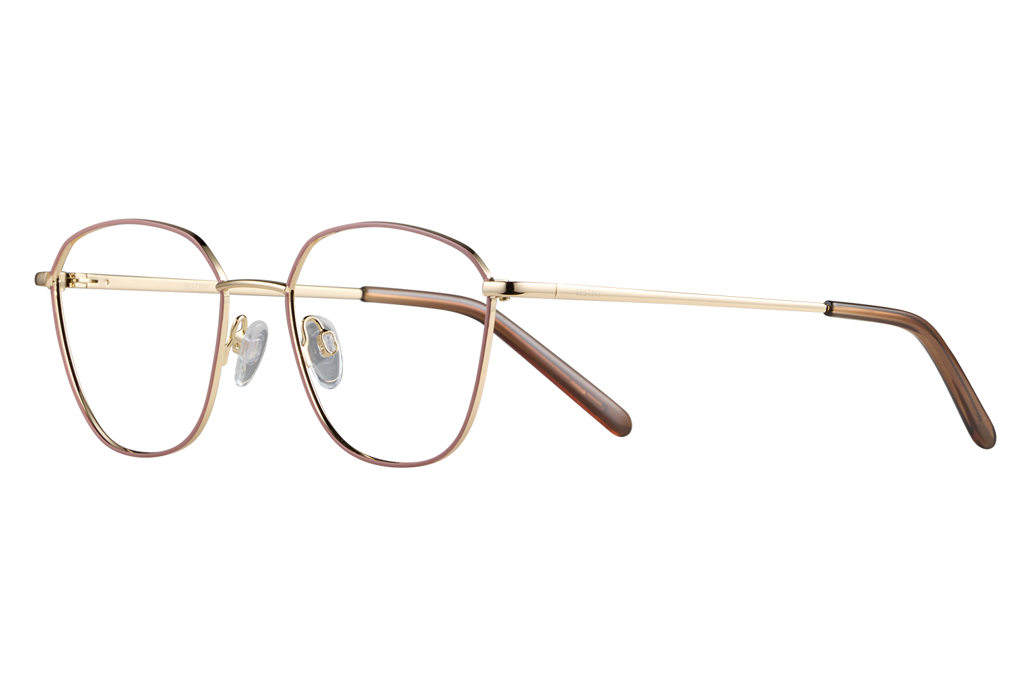 Round metal eyeglasses with a pinkish-gold frame, clear nose pads, and brown temple tips on a gray background mid-shot