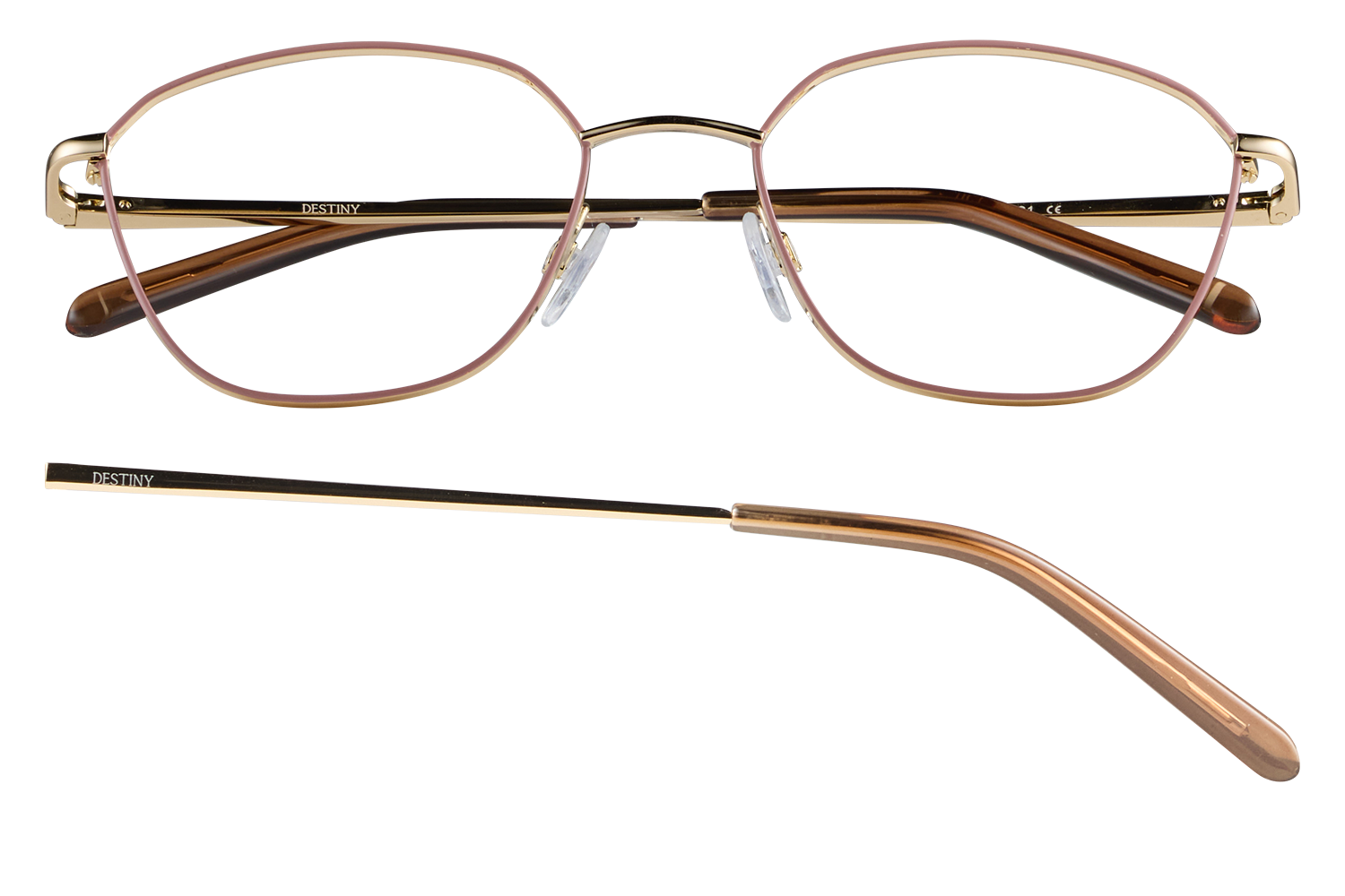 Front and side view of Destiny gold-framed glasses with pink rims and brown temple arms, including clear nose pads.
