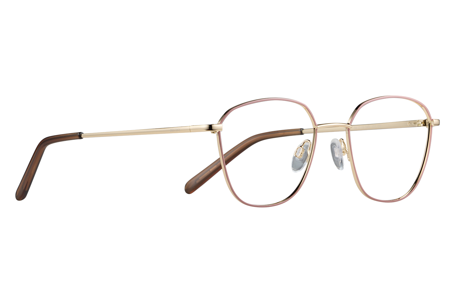 Gold and pink-rimmed metal eyeglasses with nose pads on a gray background.