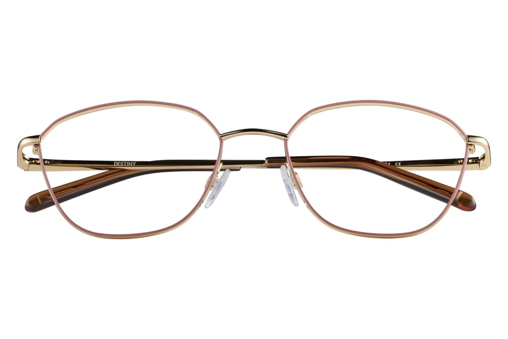 Pink and gold metal eyeglasses with round lenses on a clear display stand, brand name Destiny on the temple.