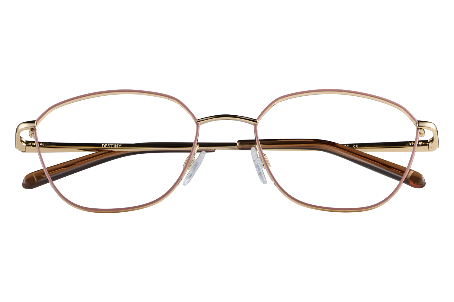 Pink and gold metal eyeglasses with round lenses on a clear display stand, brand name Destiny on the temple.