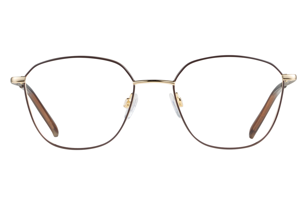 Close-up of round metal eyeglasses with gold temples and nose pads on a light surface.