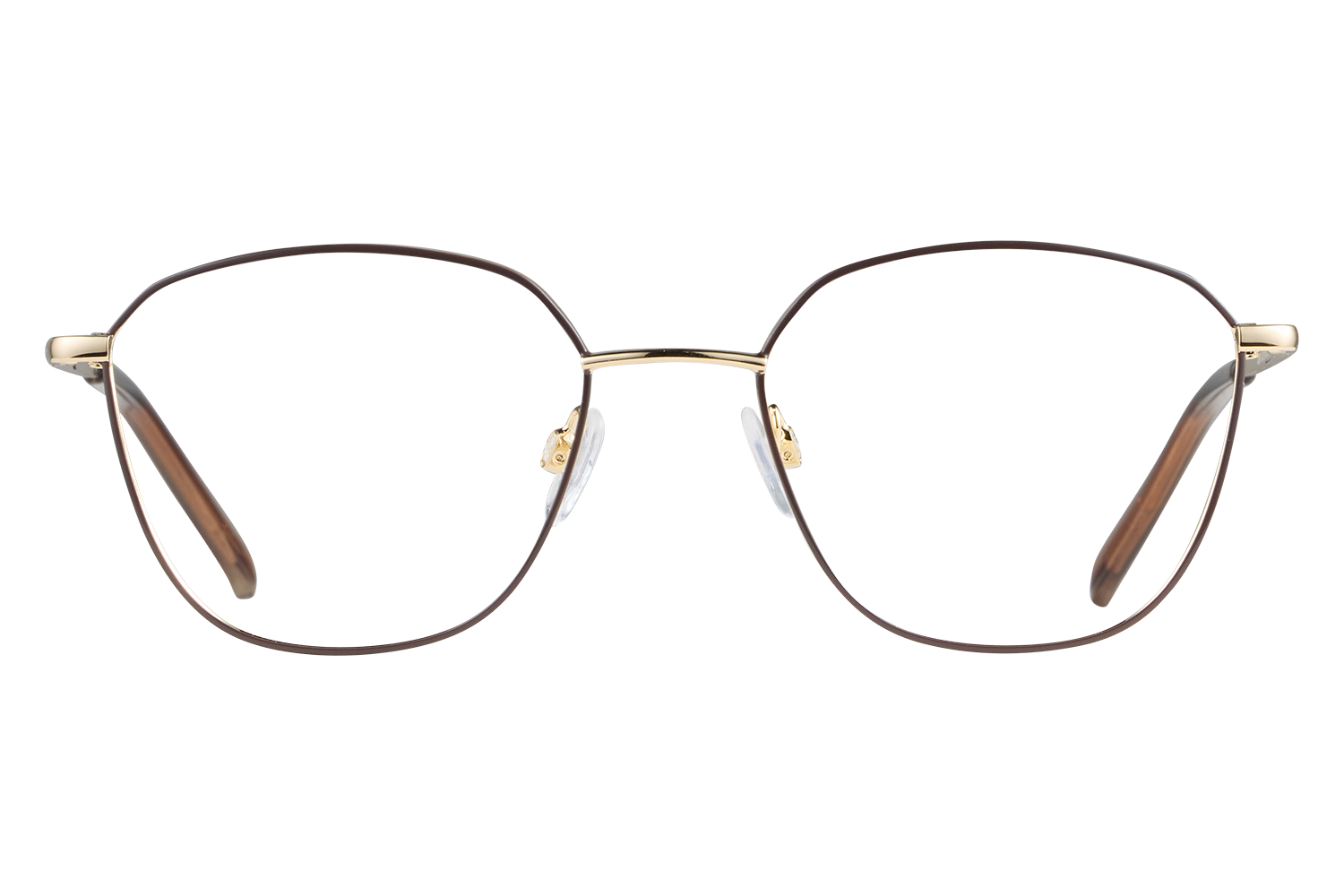 Close-up of round metal eyeglasses with gold temples and nose pads on a light surface.