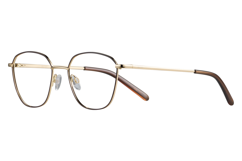 Metal round eyeglasses with gold frame and brown temples, nose pads visible on a gray background