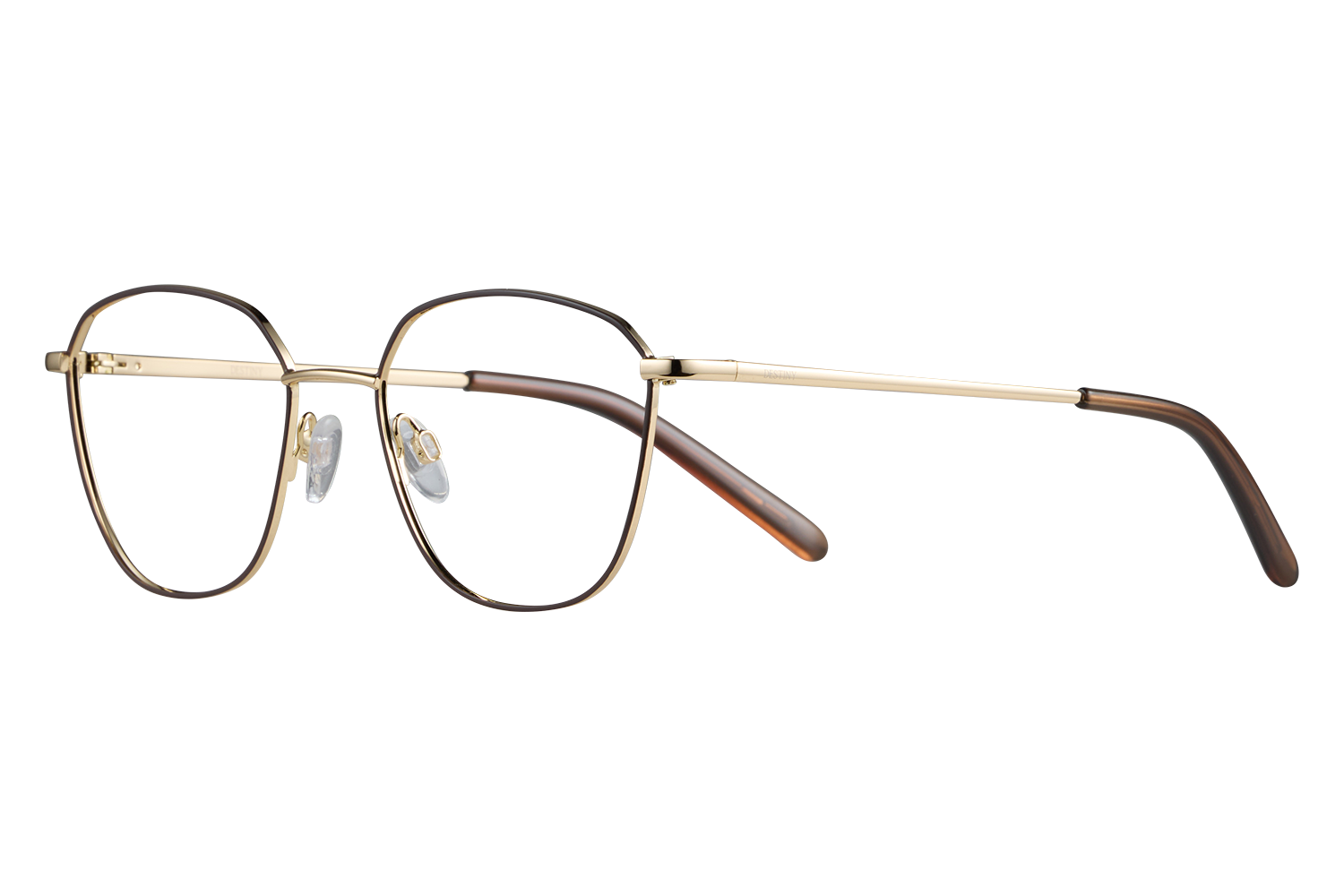 Metal round eyeglasses with gold frame and brown temples, nose pads visible on a gray background