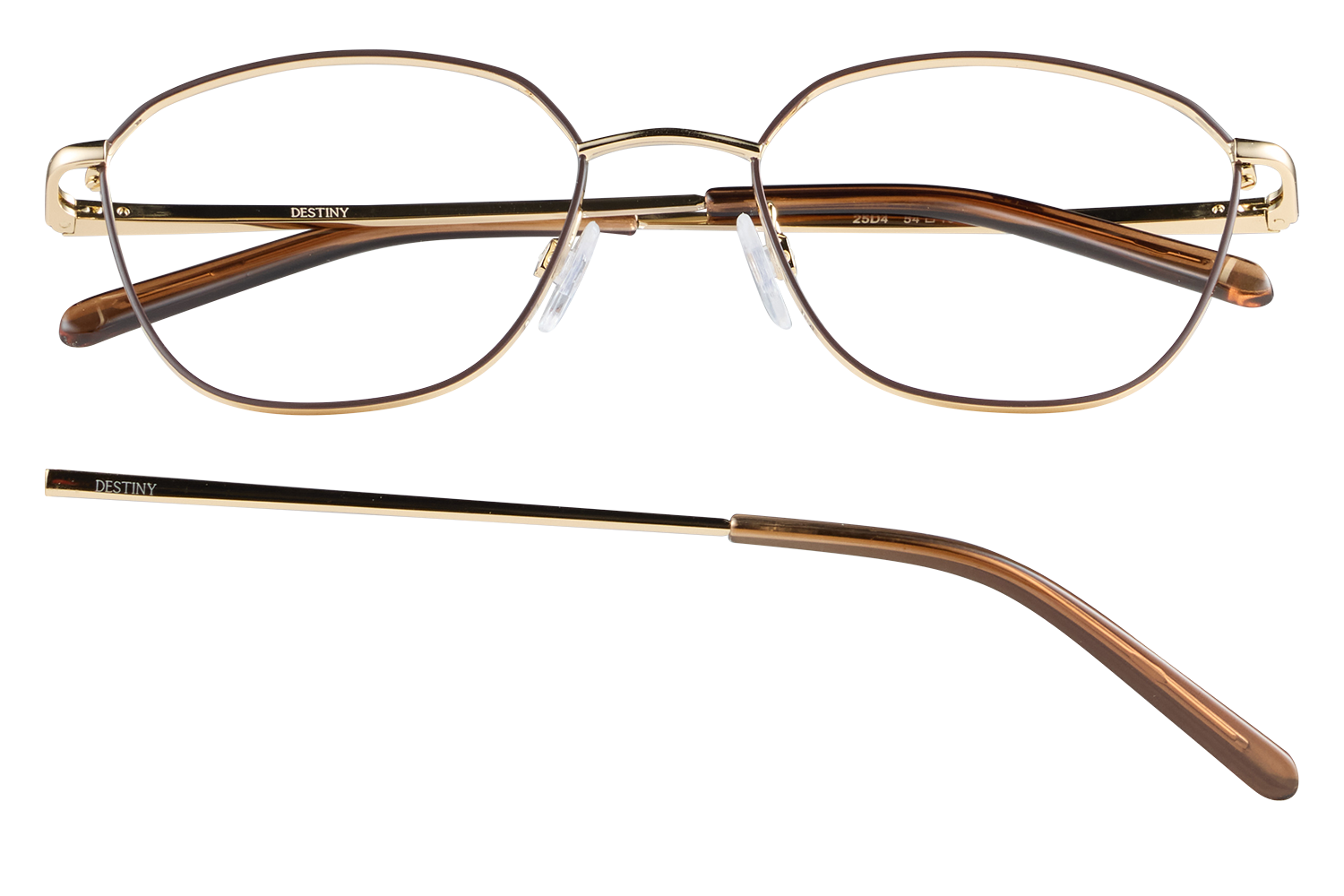 Gold-tone rimless eyeglasses with rounded lenses and tortoiseshell temples, Destiny branding visible on the arm.