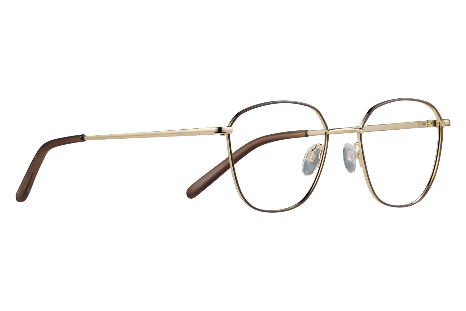 Gold-rimmed round eyeglasses with brown temples resting on a gray surface, close-up view