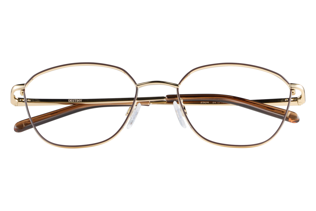 Gold metal-rimmed round eyeglasses with tortoiseshell temples on a clear display stand.