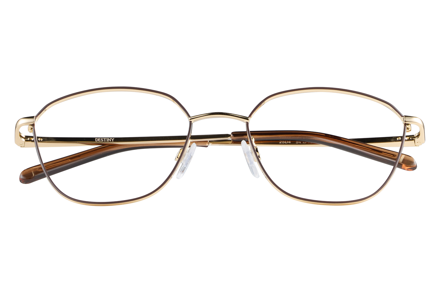 Gold metal-rimmed round eyeglasses with tortoiseshell temples on a clear display stand.