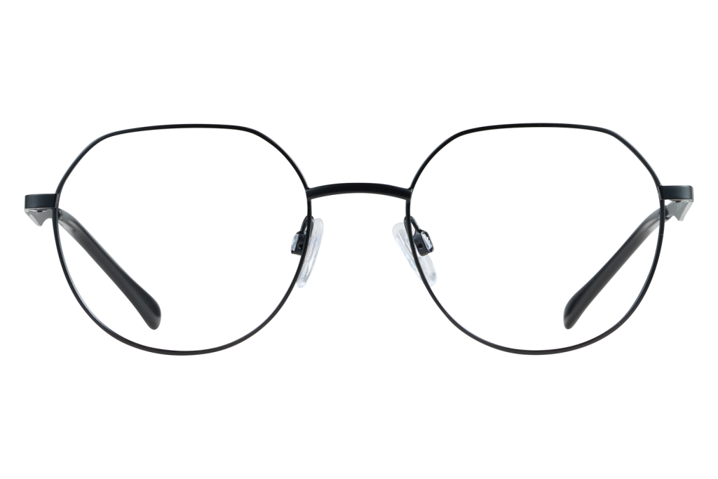 Round metal eyeglasses with nose pads resting on a neutral surface against a gray background.