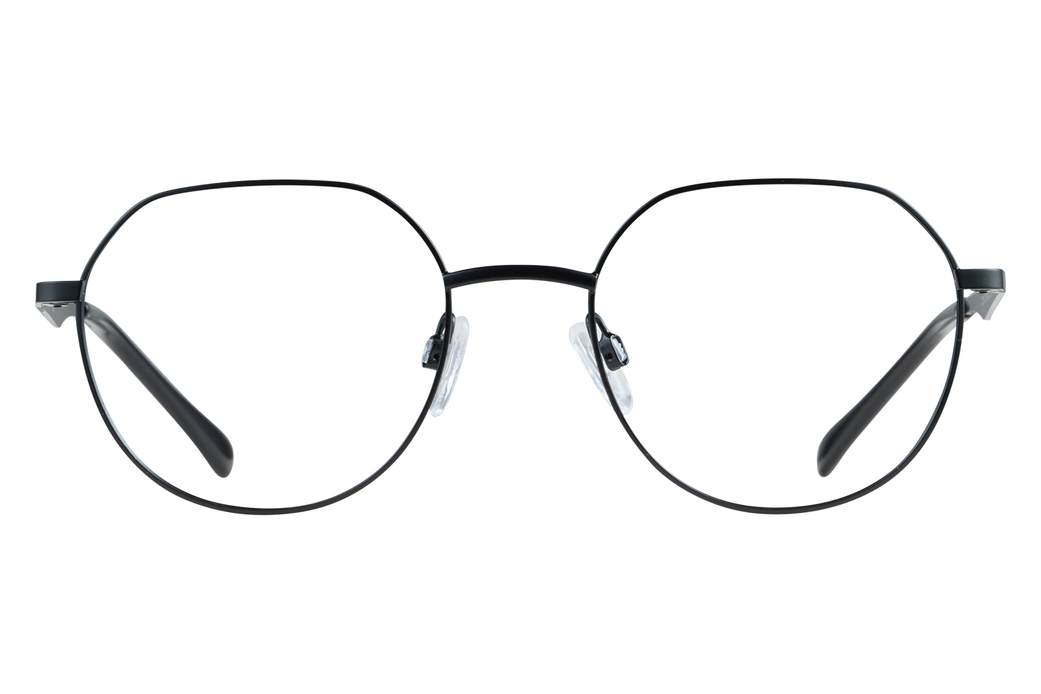Round metal eyeglasses with nose pads resting on a neutral surface against a gray background.