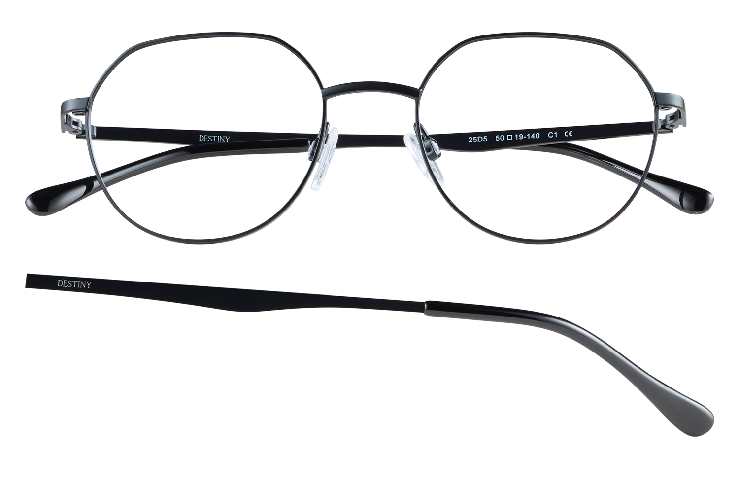 Black round metal glasses with adjustable nose pads and Destiny branding on the temples.