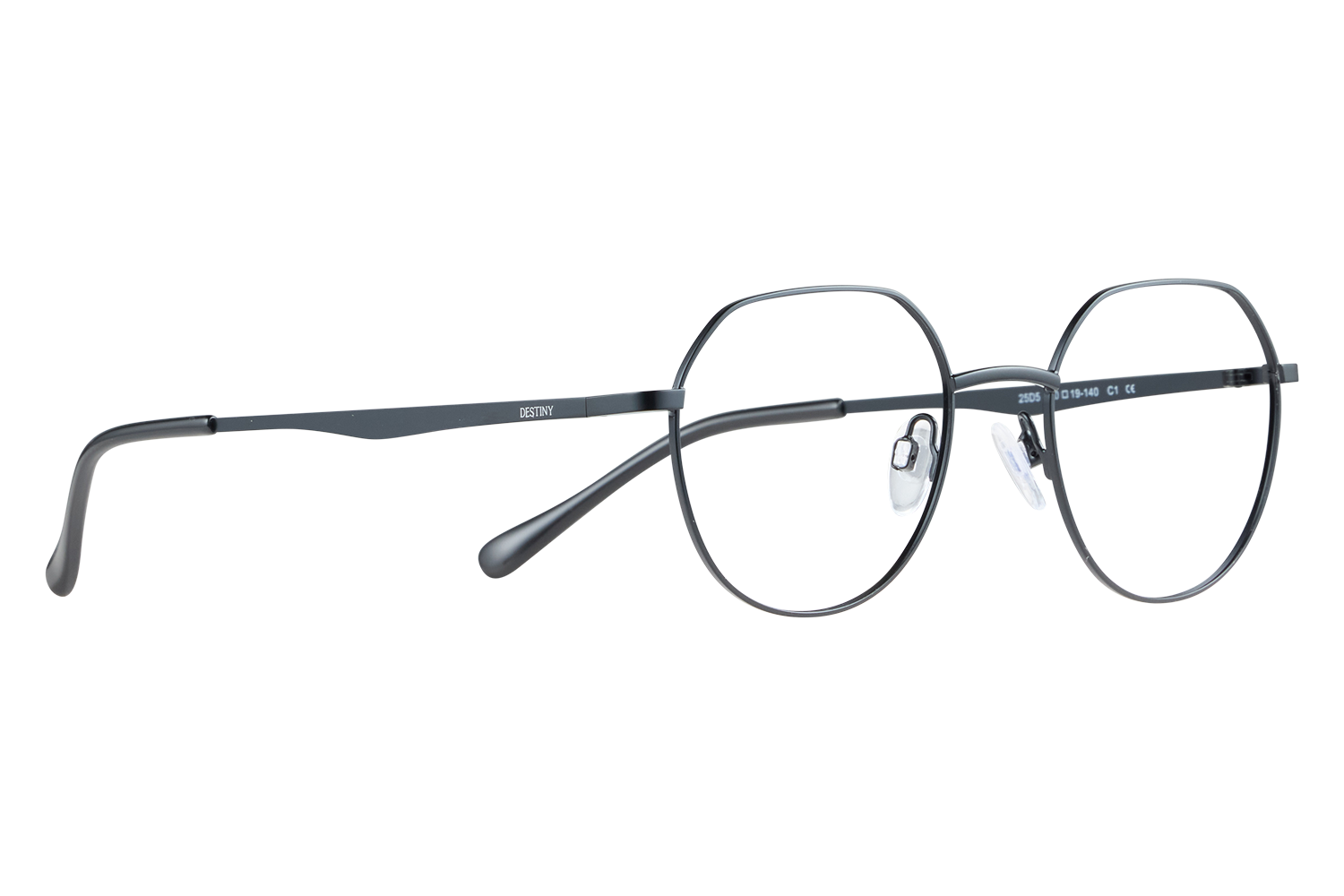 Round metal eyeglasses with clear nose pads resting on a white surface; temple reads DESTINY.
