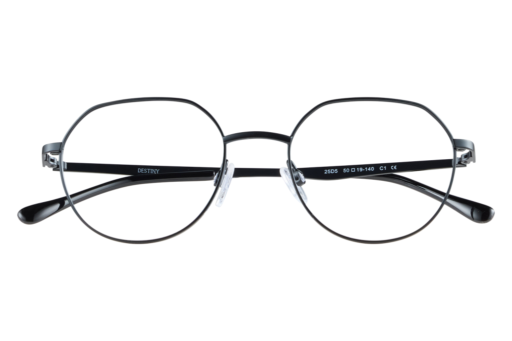 Round metal eyeglasses with the Destiny logo on the temple, resting on a clear display stand on a neutral background.