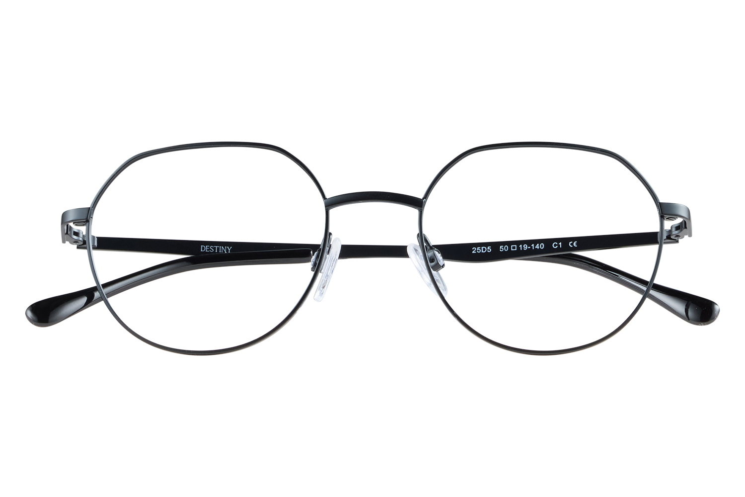 Round metal eyeglasses with the Destiny logo on the temple, resting on a clear display stand on a neutral background.