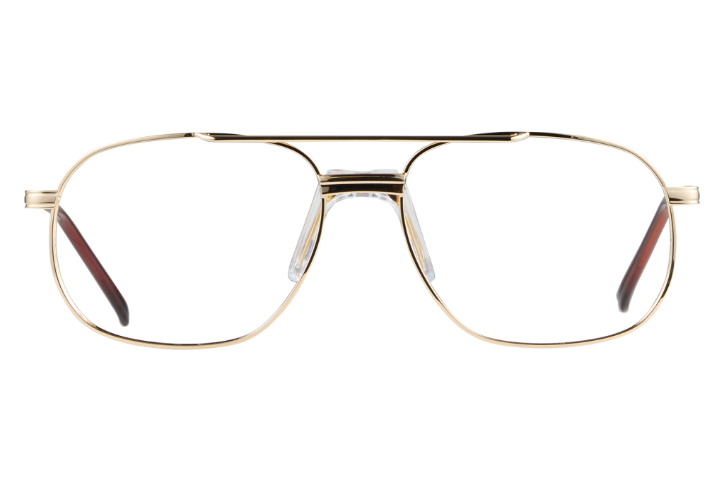 Close-up of gold metal aviator eyeglasses with clear nose pads resting on a light gray surface.