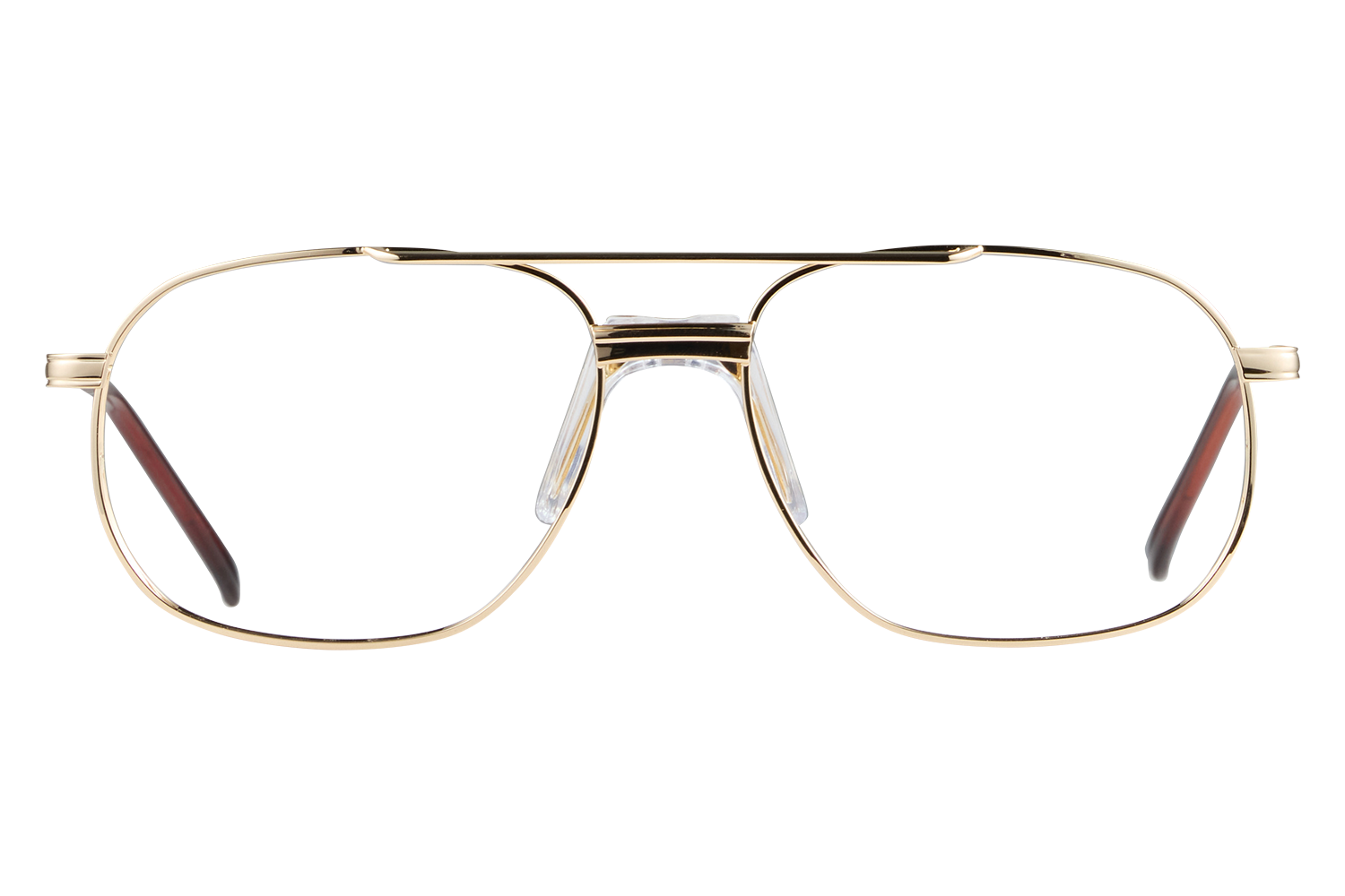 Close-up of gold metal aviator eyeglasses with clear nose pads resting on a light gray surface.