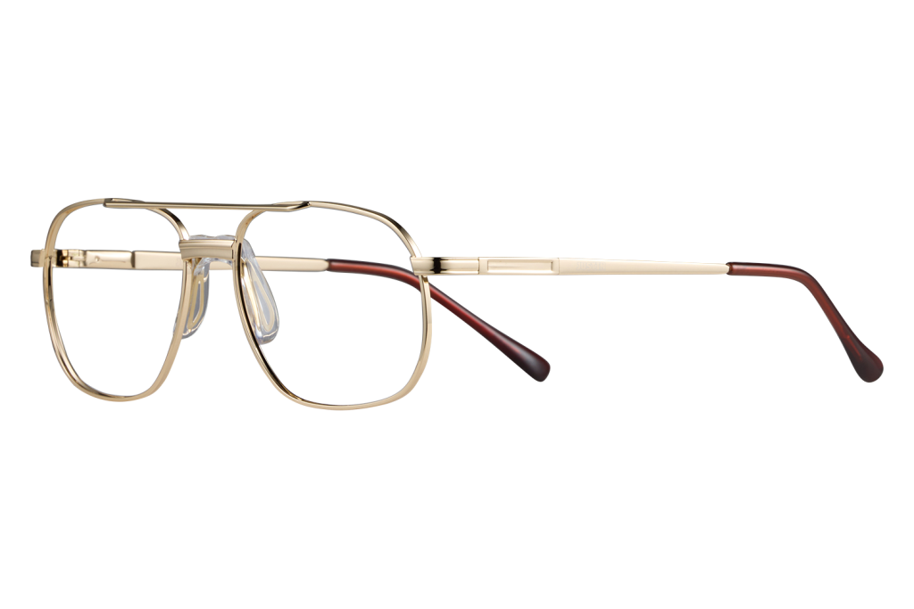 Gold metal eyeglasses with round rectangular lenses and red temple tips on a gray surface.