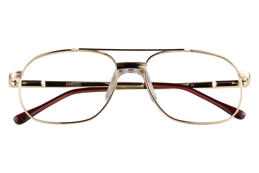 Gold metal eyeglasses with rectangular frames, labeled 'JUSTIN', resting on a small blue stand against a gray background