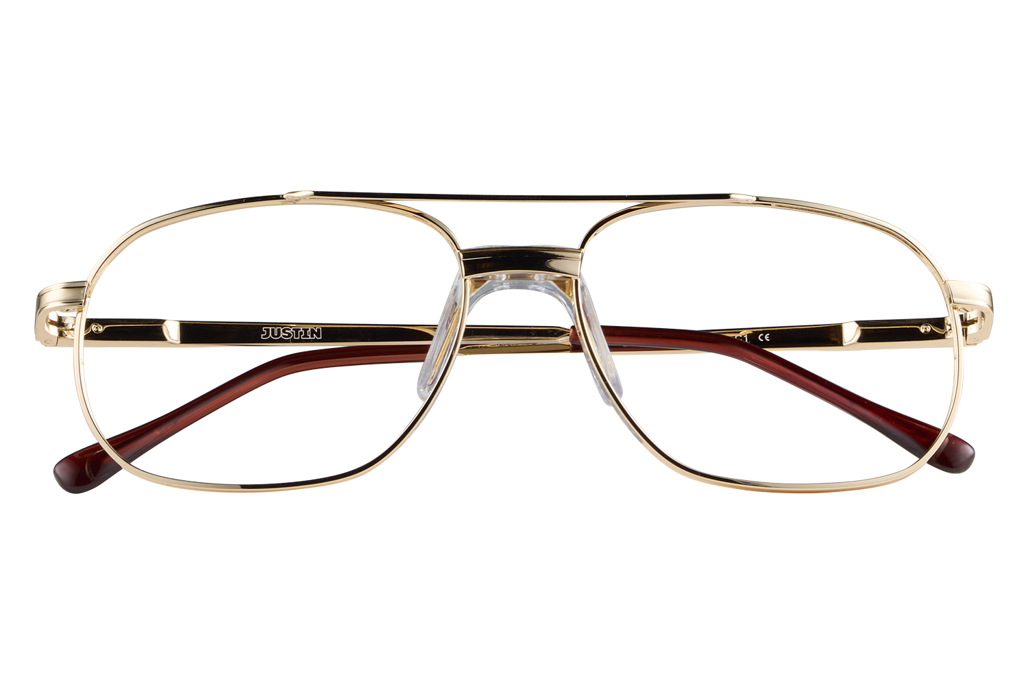 Gold metal eyeglasses with rectangular frames, labeled 'JUSTIN', resting on a small blue stand against a gray background