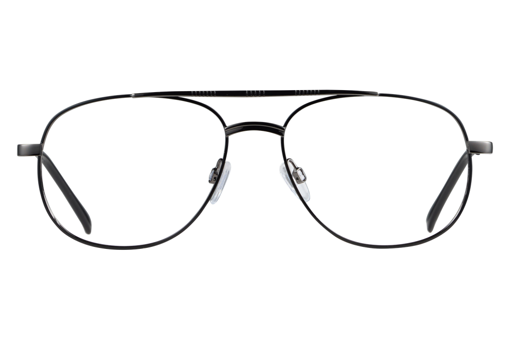 Black metal eyeglasses with clear nose pads seen from the front, close-up view.