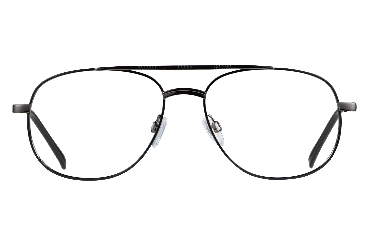 Black metal eyeglasses with clear nose pads seen from the front, close-up view.