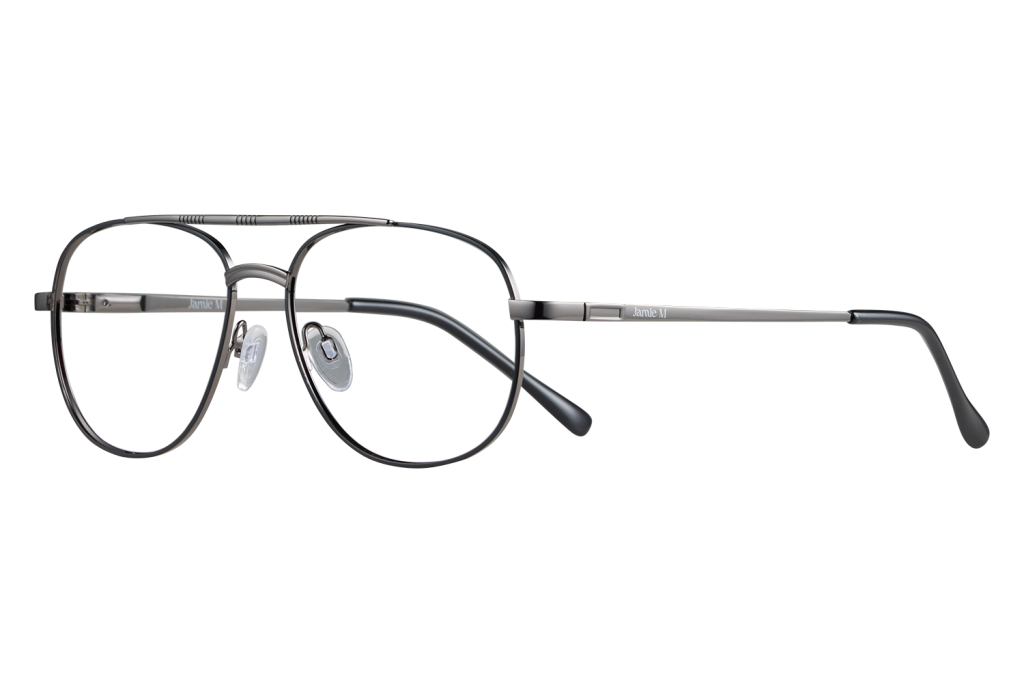 Close-up of silver metal round eyeglasses with clear nose pads and engraved temples (Jamie M).