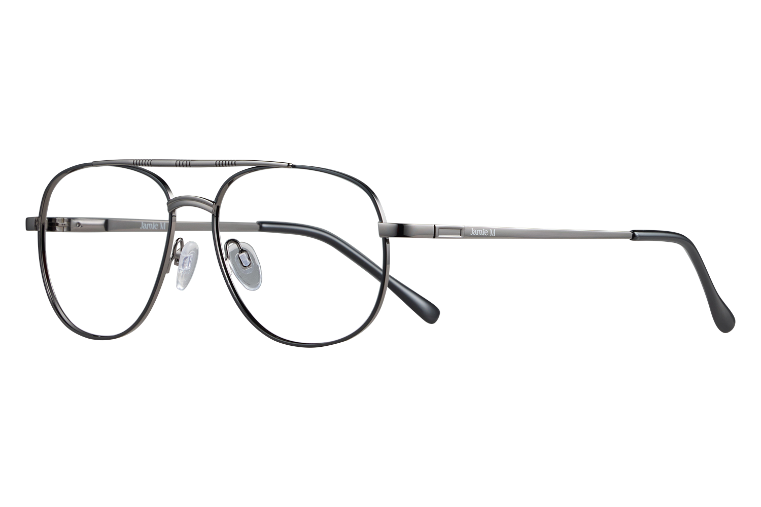 Close-up of silver metal round eyeglasses with clear nose pads and engraved temples (Jamie M).