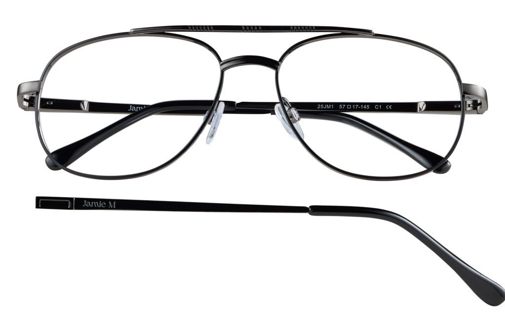 Metal-framed eyeglasses with black temples and clear nose pads, branded Jamie M on the temple.