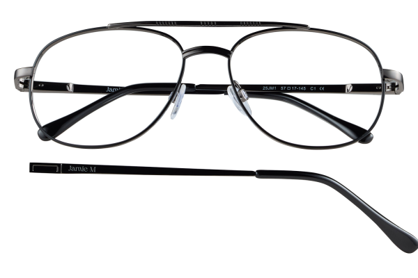 Metal-framed eyeglasses with black temples and clear nose pads, branded Jamie M on the temple.