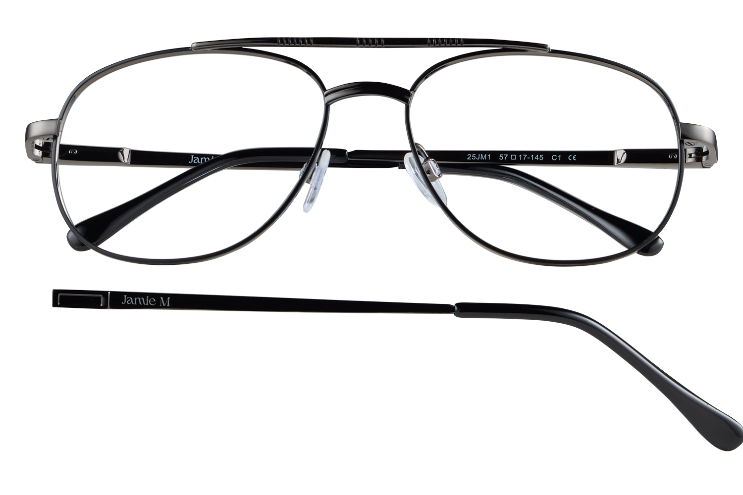 Metal-framed eyeglasses with black temples and clear nose pads, branded Jamie M on the temple.
