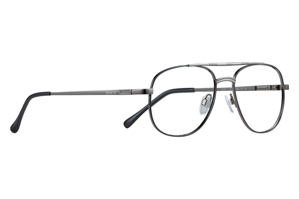 Close-up of metal-rim eyeglasses with clear nose pads on a grey background, lenses visible on right side.But keep concise without stray text