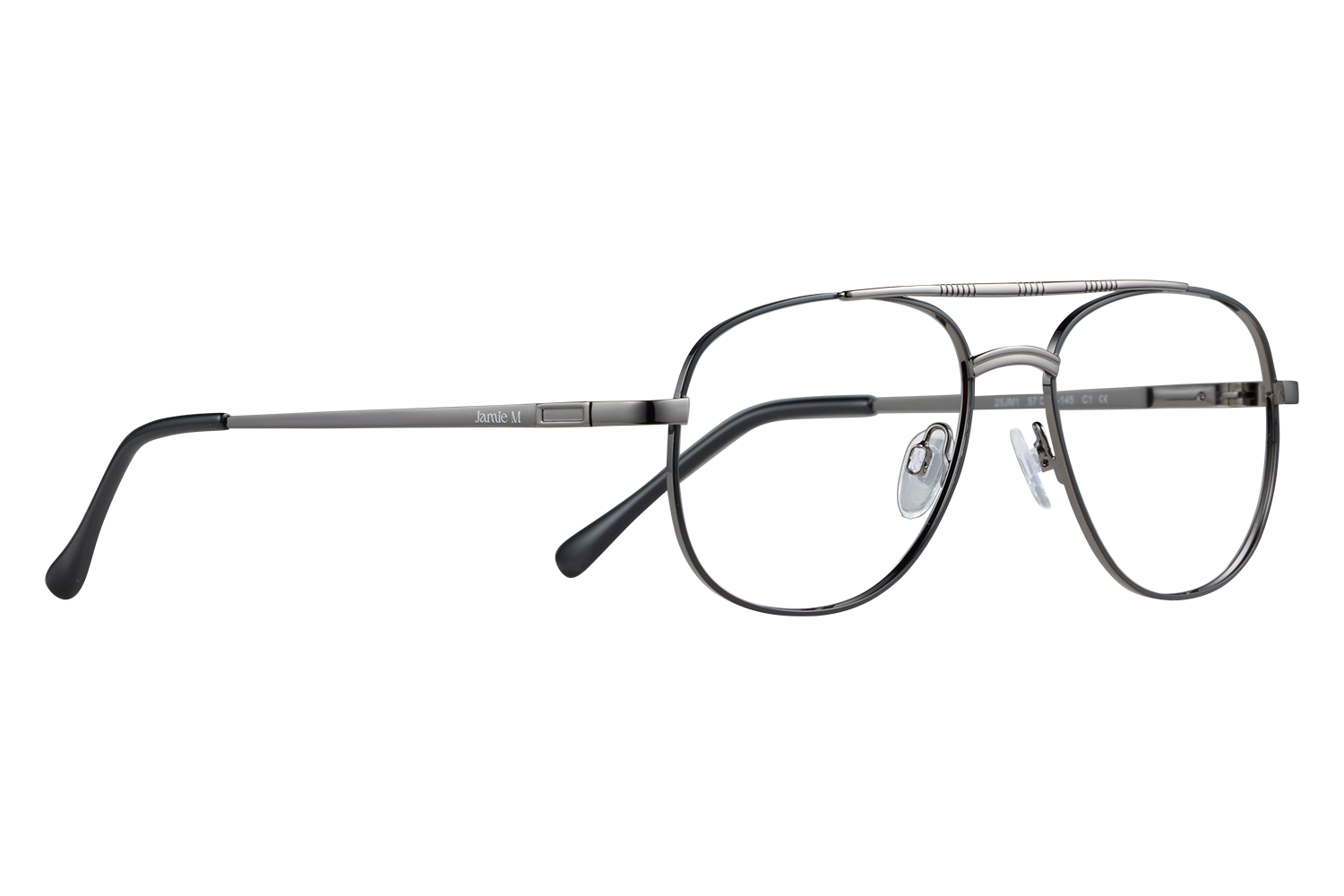Close-up of metal-rim eyeglasses with clear nose pads on a grey background, lenses visible on right side.But keep concise without stray text