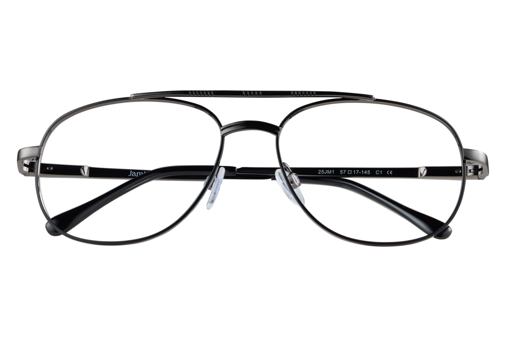 Metal-framed eyeglasses resting on a small blue prop, close-up of the lenses and nose pads.