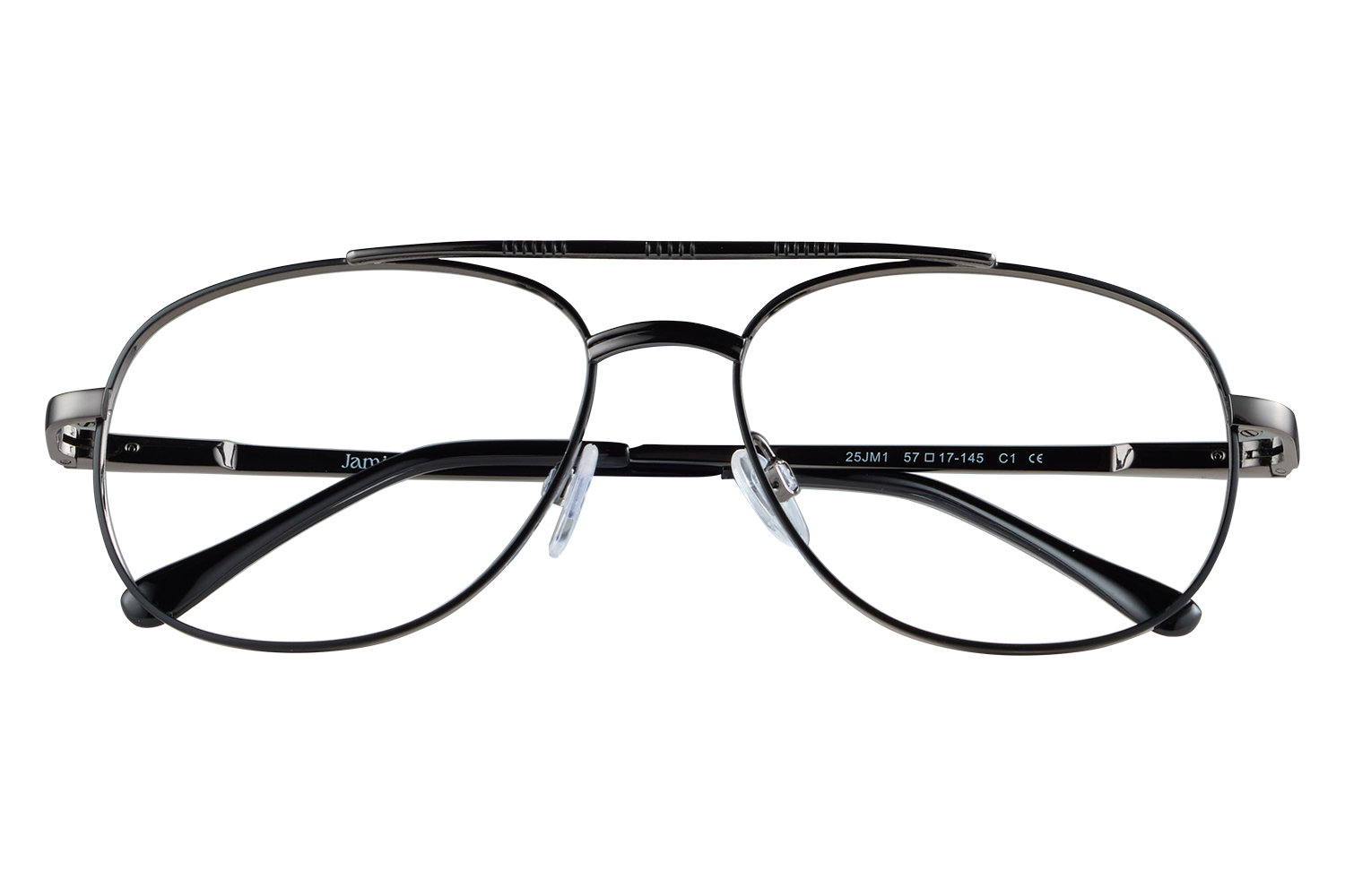 Metal-framed eyeglasses resting on a small blue prop, close-up of the lenses and nose pads.