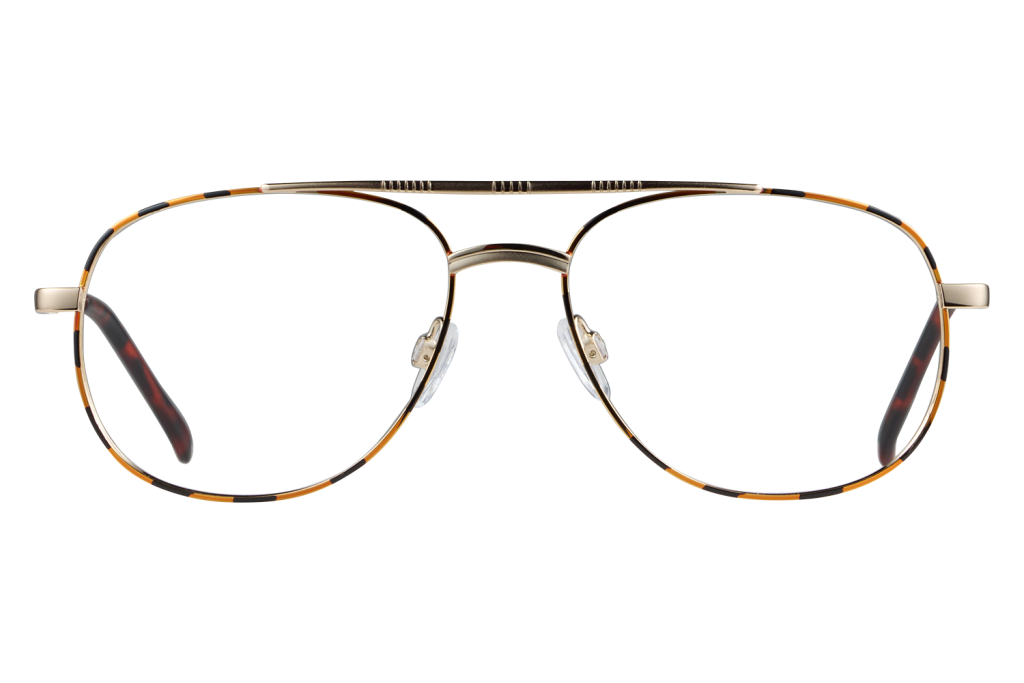 Pair of round metal eyeglasses with a tortoiseshell yellow-black frame on a gray background far viewer shot