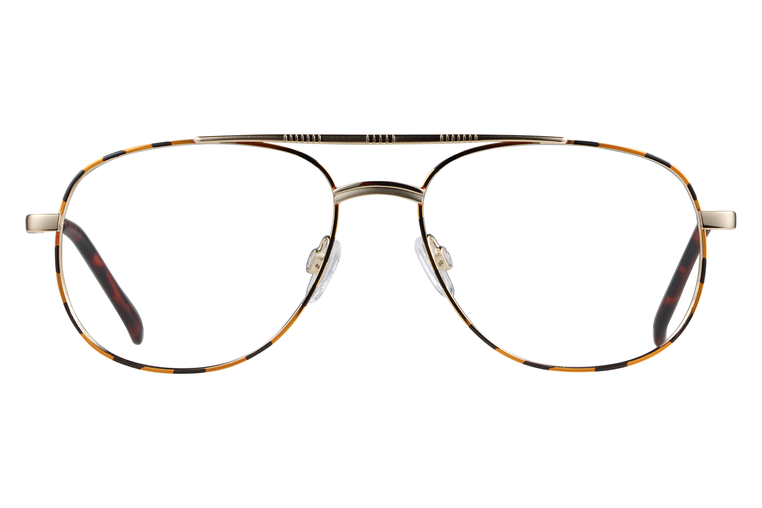 Pair of round metal eyeglasses with a tortoiseshell yellow-black frame on a gray background far viewer shot
