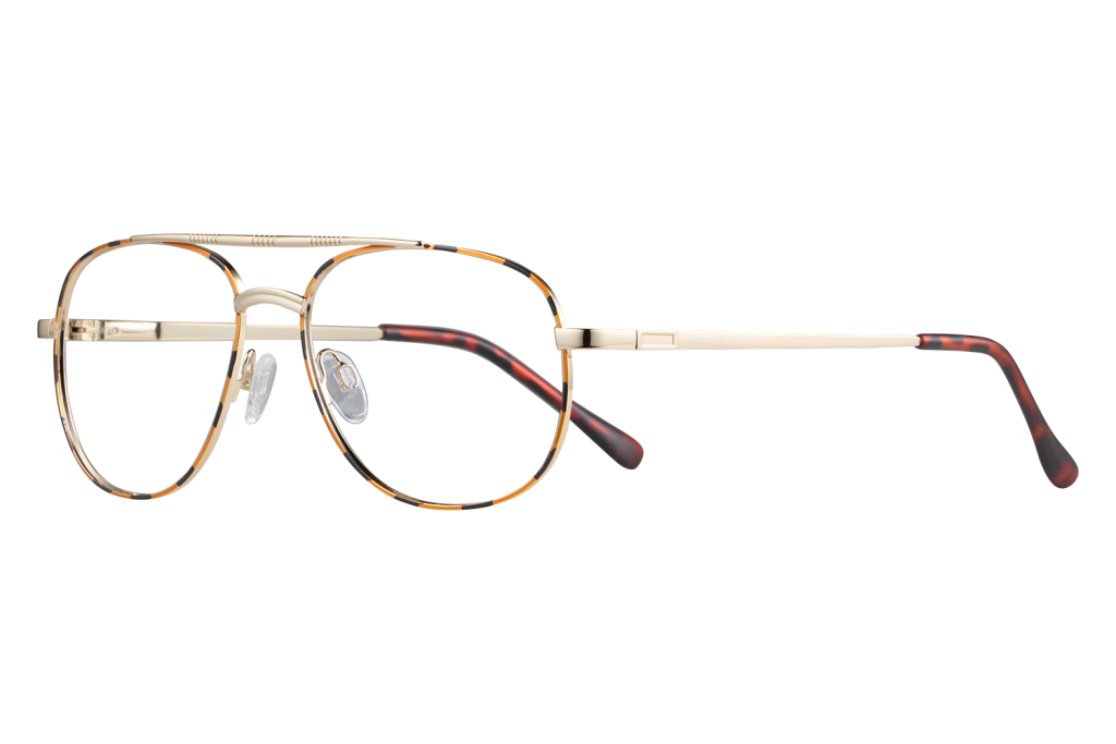 Round tortoiseshell eyeglasses with a gold metal bridge and clear nose pads, resting on a surface.